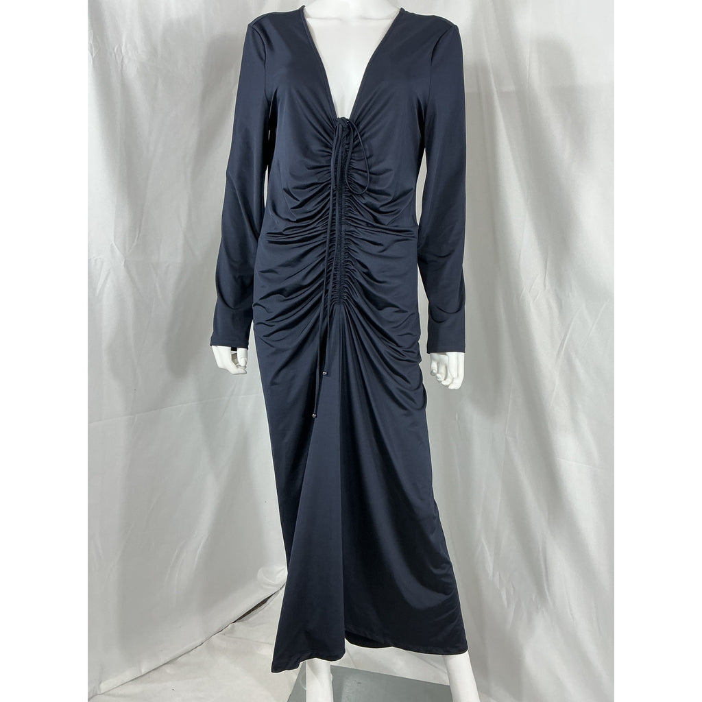 Veronica Beard 'Gilbert' Blue Ruched Stretch-Jersey Halterneck Midi Dress Size US 12