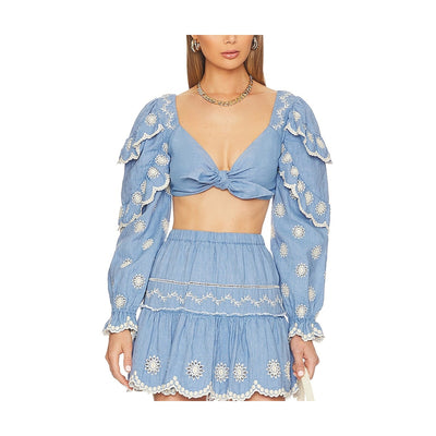 Loveshackfancy Embroidered Blue Milanti Crop Top Blouse Size S