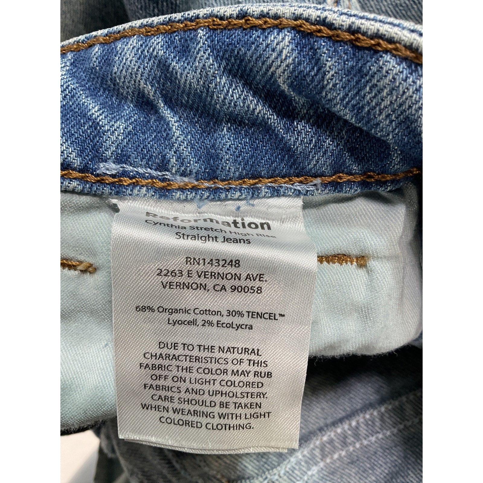 Reformation 'Cynthia' Blue Stretch High Rise Straight Denim Jeans Size 23