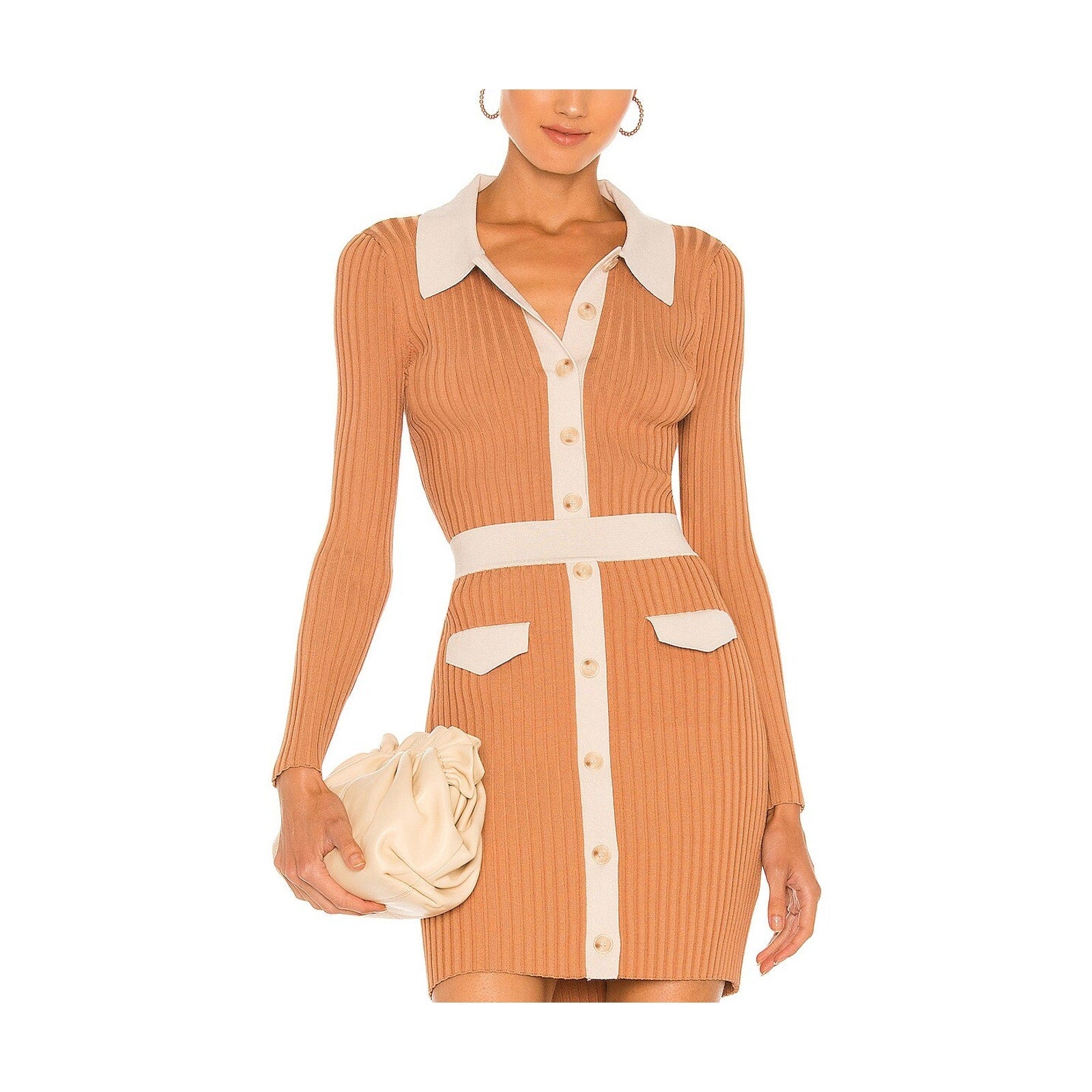 Simkhai 'Elsie' Tan Rayon Compact Cut Out Polo Cardigan Size S