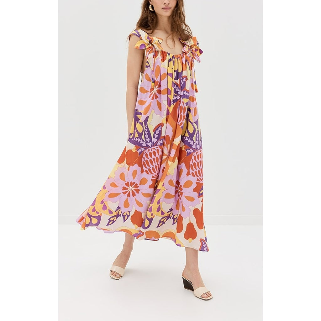 Farm Rio 'Lee' Orange Cotton Floral Sleeveless Maxi Dress Size S