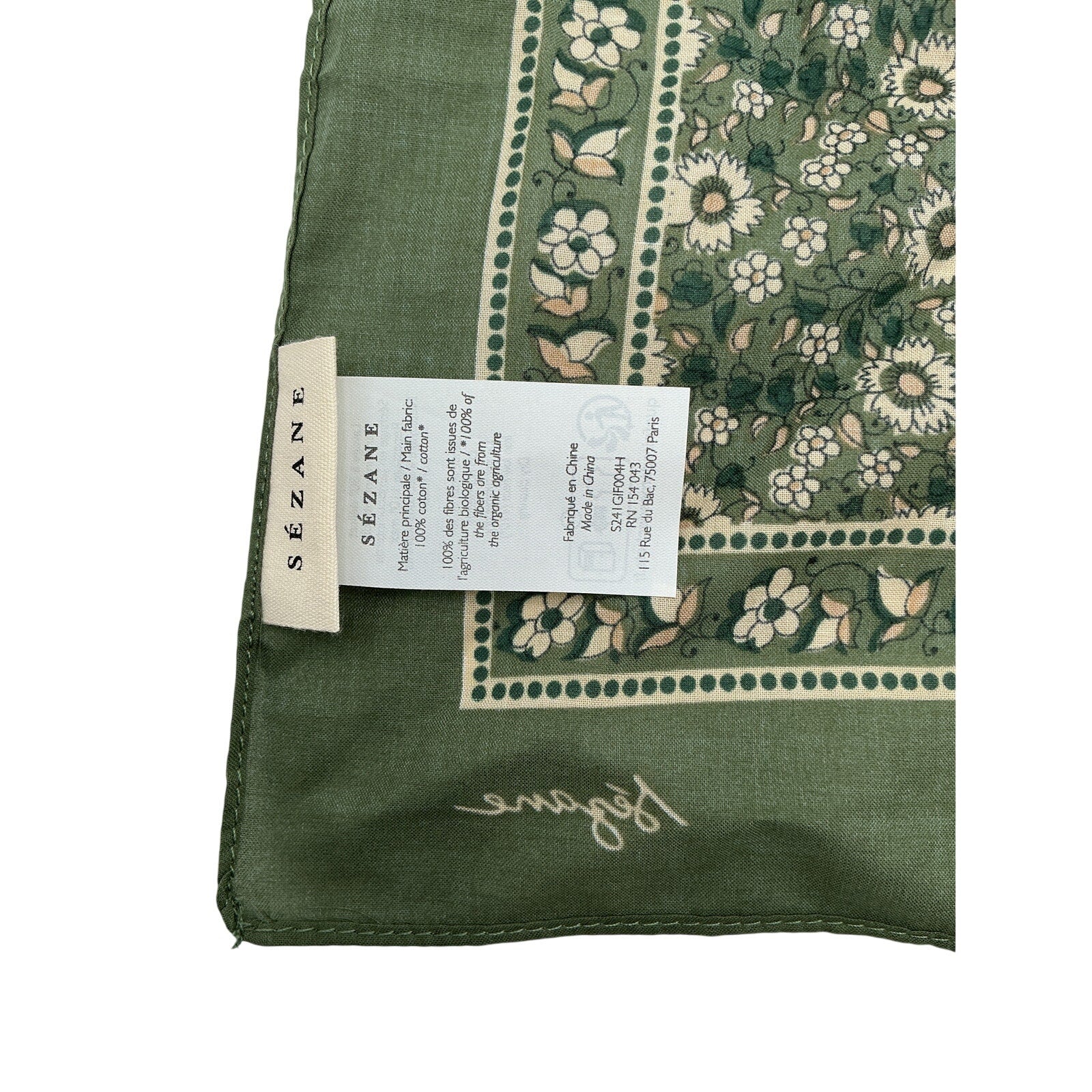S�zane 'Floral' Green Cotton Scarf Size OS
