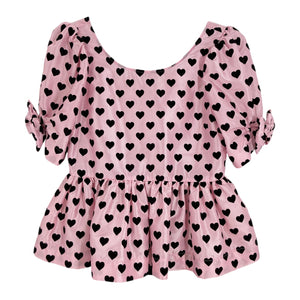 LoveShackFancy Playful Pink Heart Print Peplum Blouse Size 2