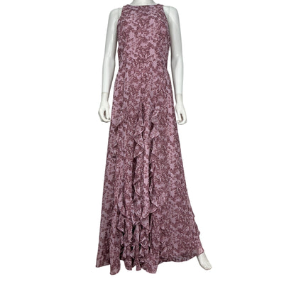 Mikael Aghal Elegant Lilac Ruffled Floral Chiffon Maxi Dress Size 8