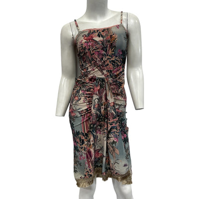 Patbo Ruched Paraiso Print Fringe Dress Size S