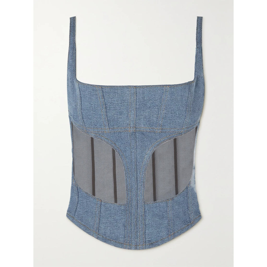 Mugler Denim And Tulle Blue Bustier Top Size OS