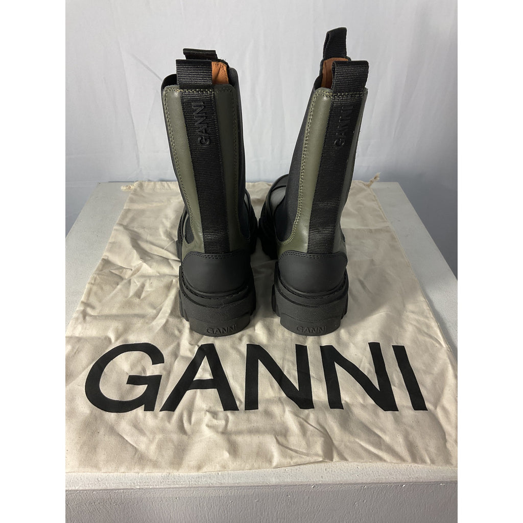 Ganni Mid Chelsea Green Leather Boots Size 7
