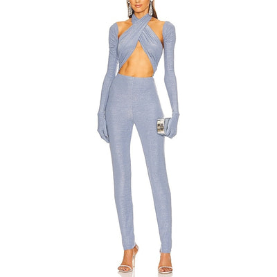 Kim Shui Glitter Blue Wrap Cutout Jumpsuit Size S