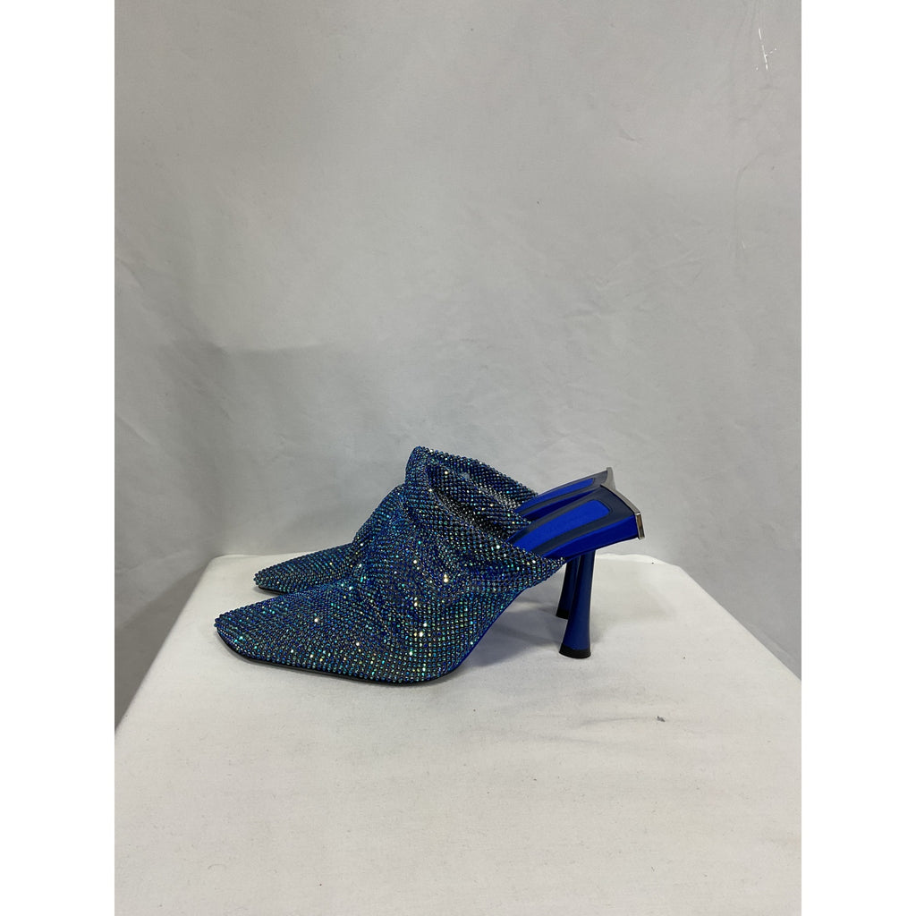 Benedetta Bruzziches 'Goliarda' Blue Satin Crystal-Embellished Chainmail Mules Size 6