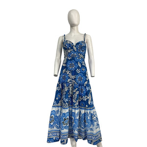 Farm Rio Full Of Flowers Blue Cotton Midi Sundress Size XS