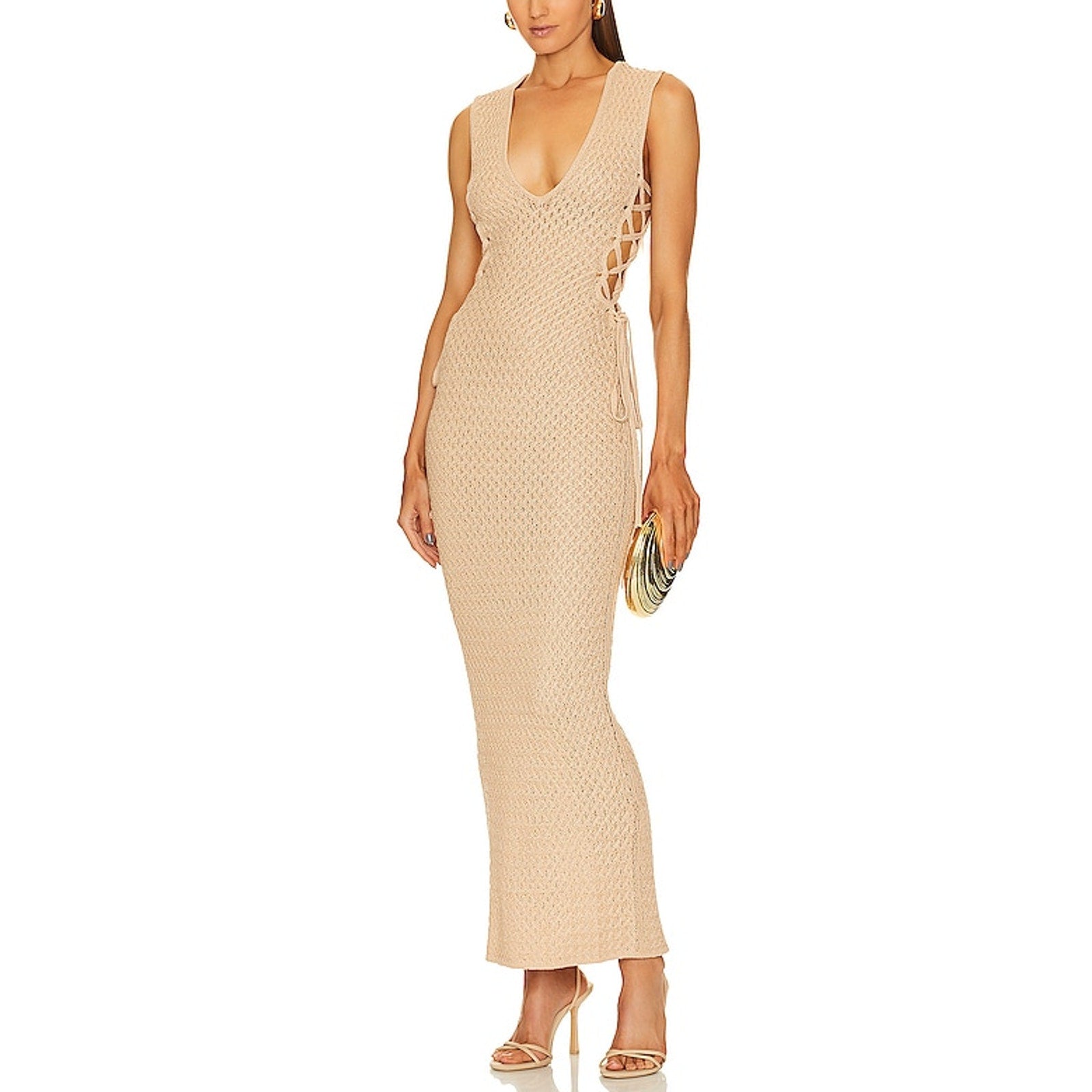 Michael Costello 'Kyle' Tan Acrylic Maxi Dress Size S