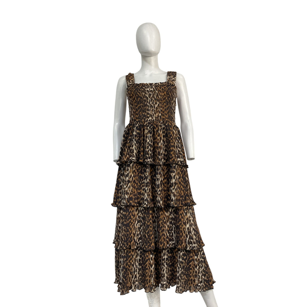 Ganni Flounce Smock Brown Polyester Midi Dress Size 40