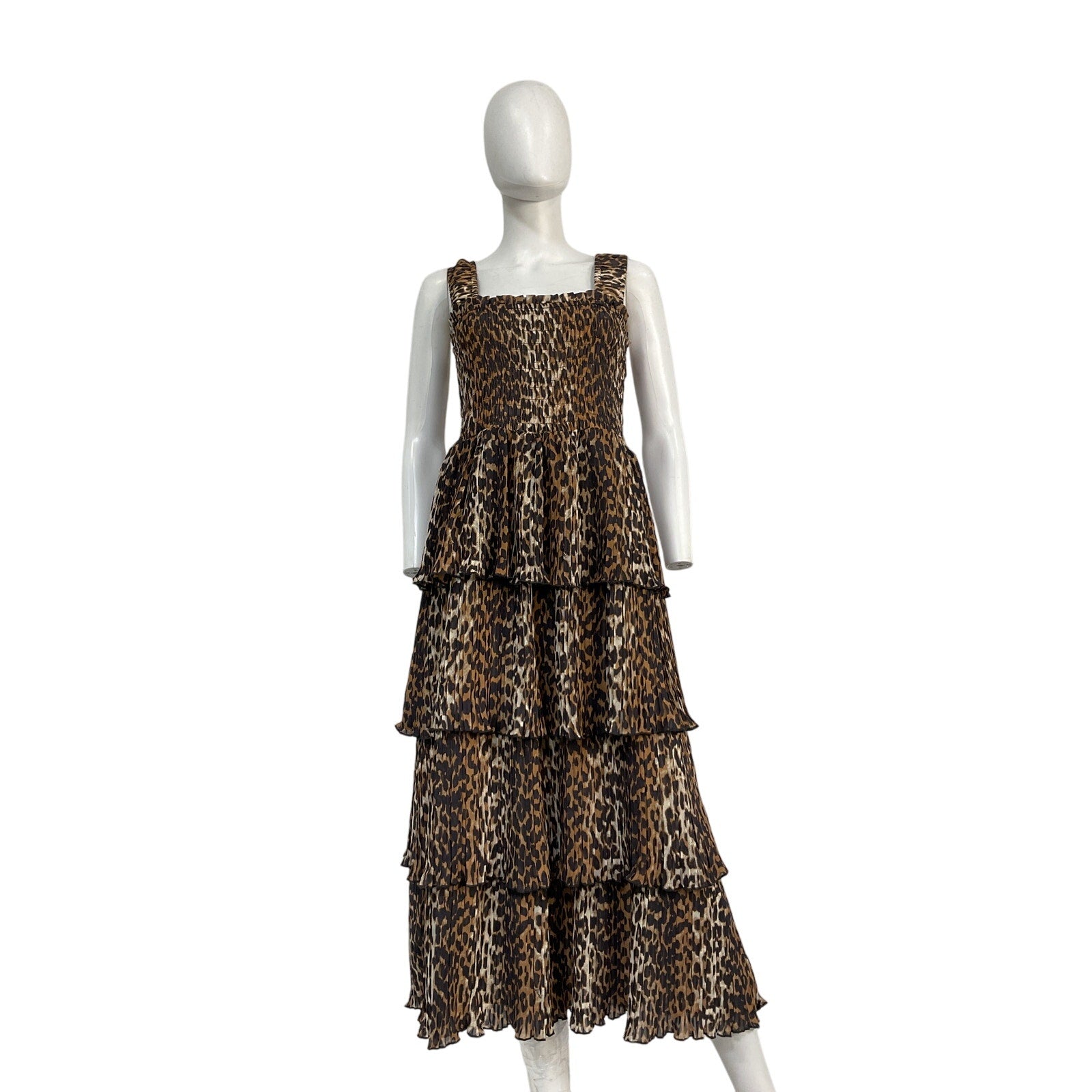 Ganni Flounce Smock Brown Polyester Midi Dress Size 40
