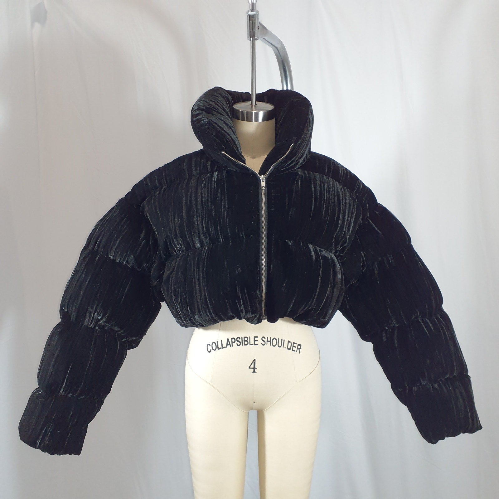 Ronny Kobo 'Sagen' Black Velvet Cropped Puffer Jacket Size S