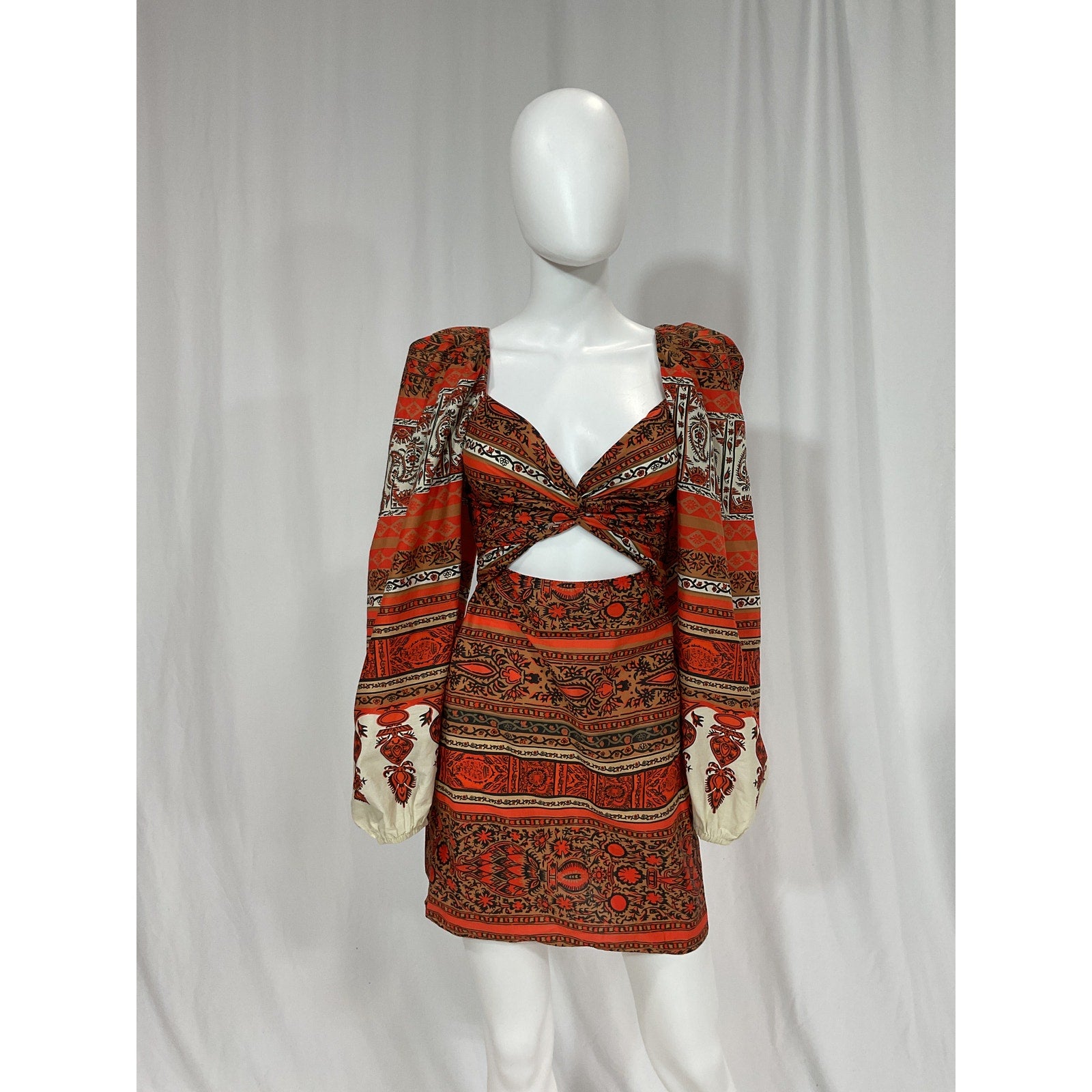 Johanna Ortiz 'Tropical Mantra' Red Cotton Voile Geometric Print Mini Dress Size 2
