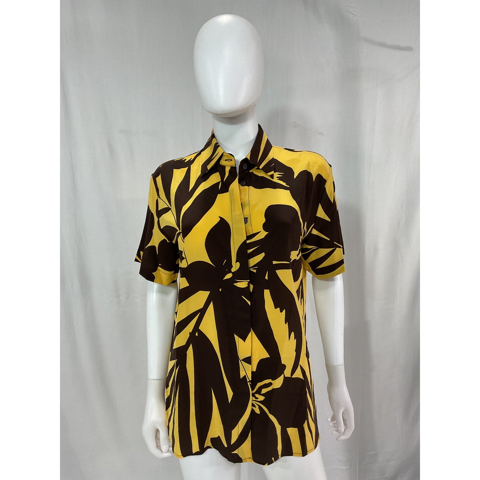Matteau + Net Sustain Yellow Printed 'Mulberry' Banana Leaf Silk Shirt Size 2