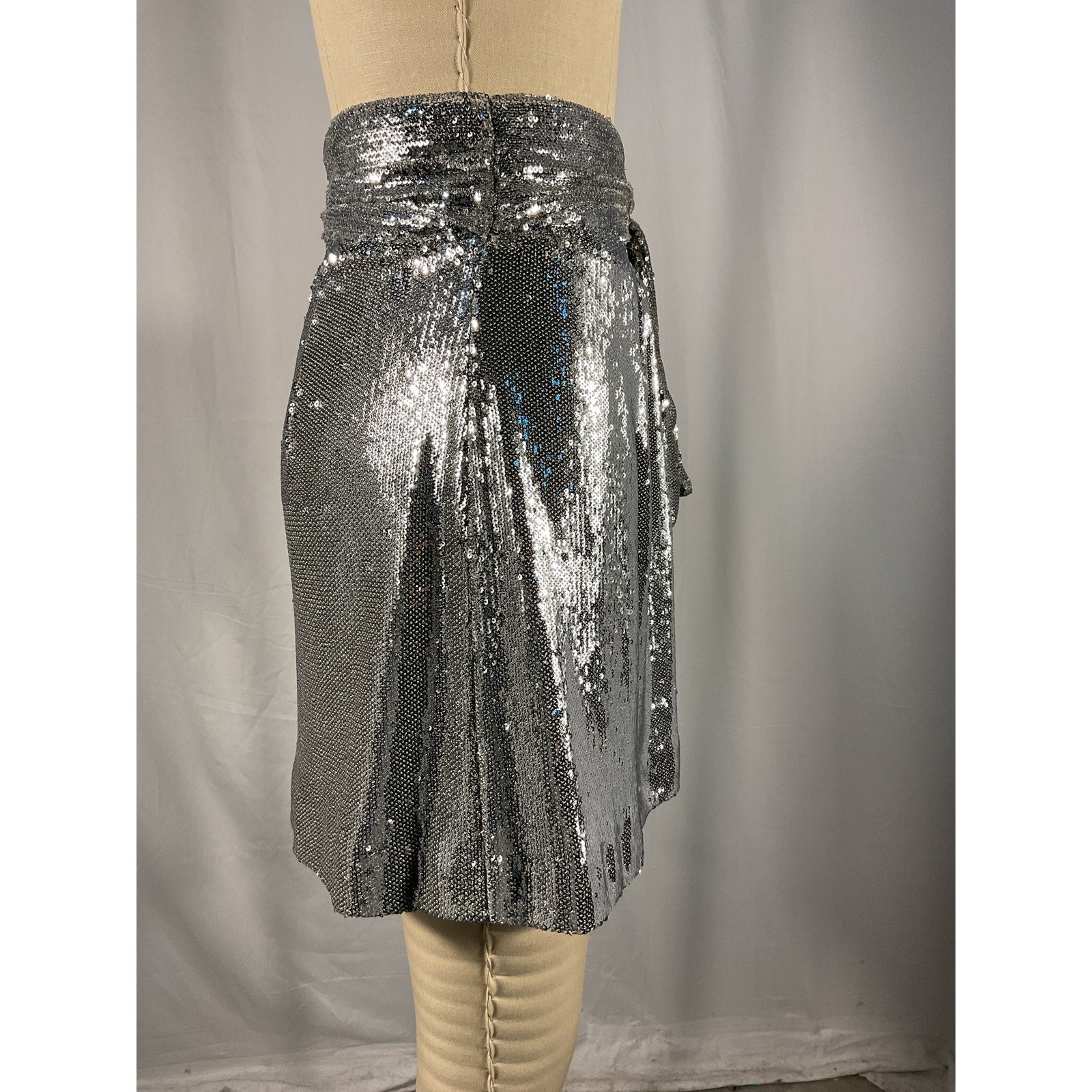Bernadette 'Bernard' Silver Asymmetric Sequined Taffeta Mini Skirt Size 42