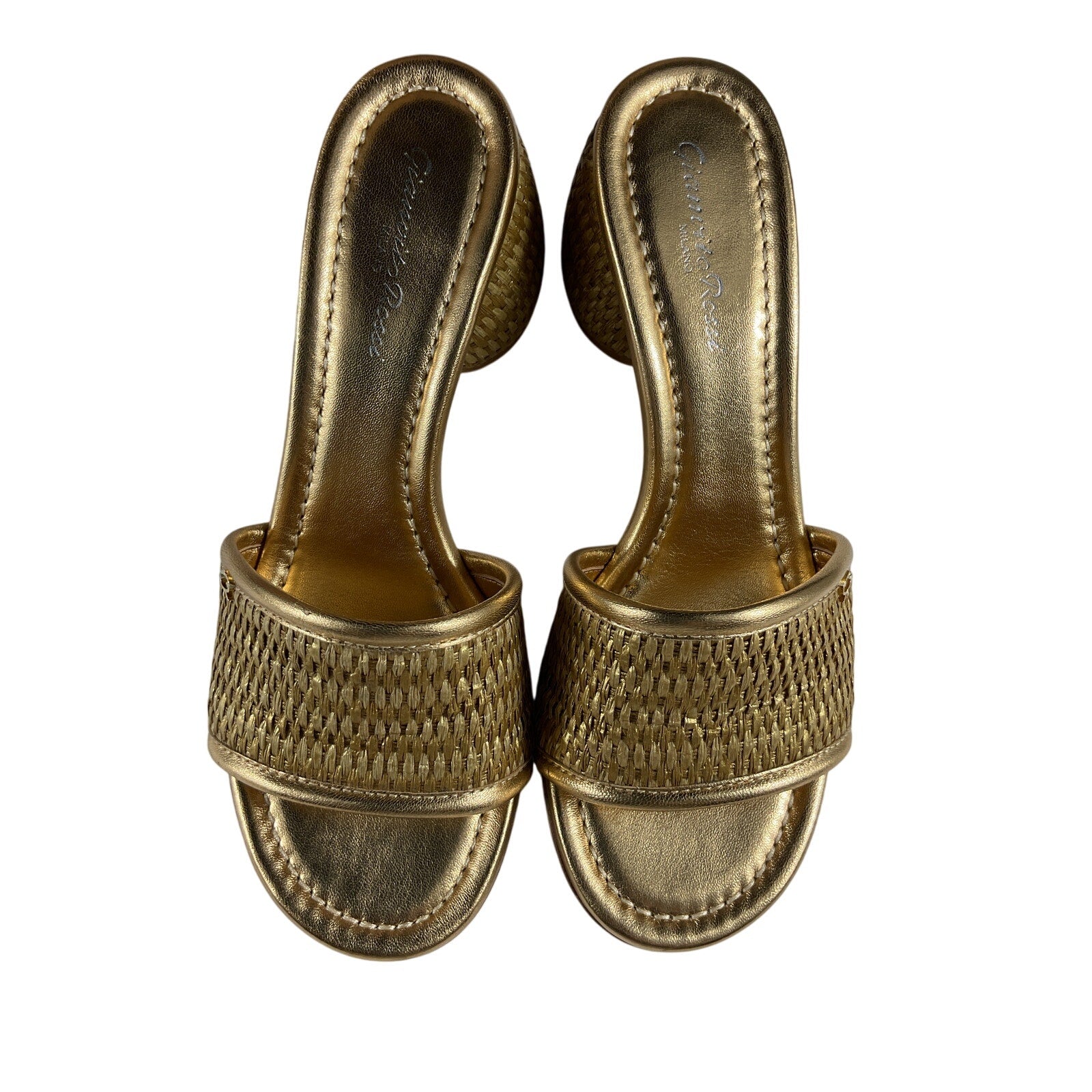 Gianvito Rossi 'Marbella & Nappa' Gold Raffia And Leather Silk Washed Mules Size 9