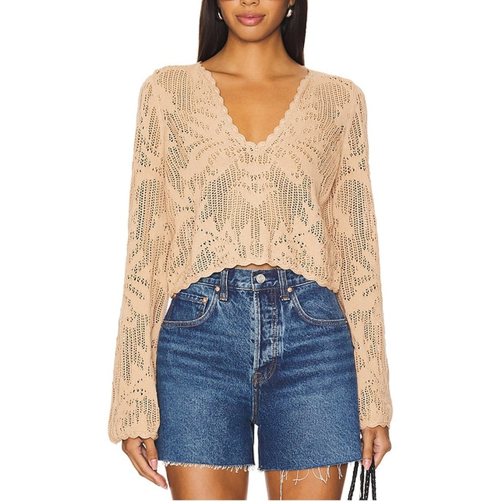 House Of Harlow 1960 x Revolve 'Kameli' Tan Cotton Pointelle Cropped Sweater Size XS
