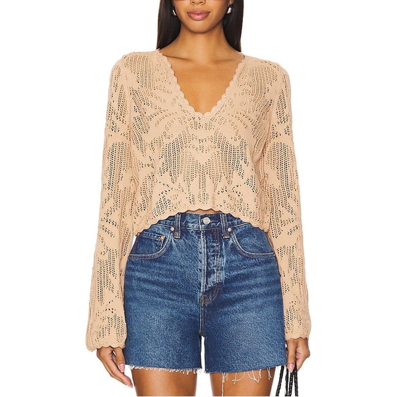 House Of Harlow 1960 x Revolve 'Kameli' Tan Cotton Pointelle Cropped Sweater Size XS