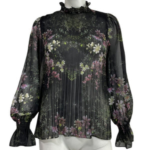 Allsaints Pleated Floral Black Multi Cora Ophelia Blouse Size 4