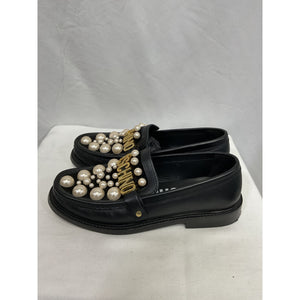 Moschino Pearl & Logo Leather Loafers - Size 7