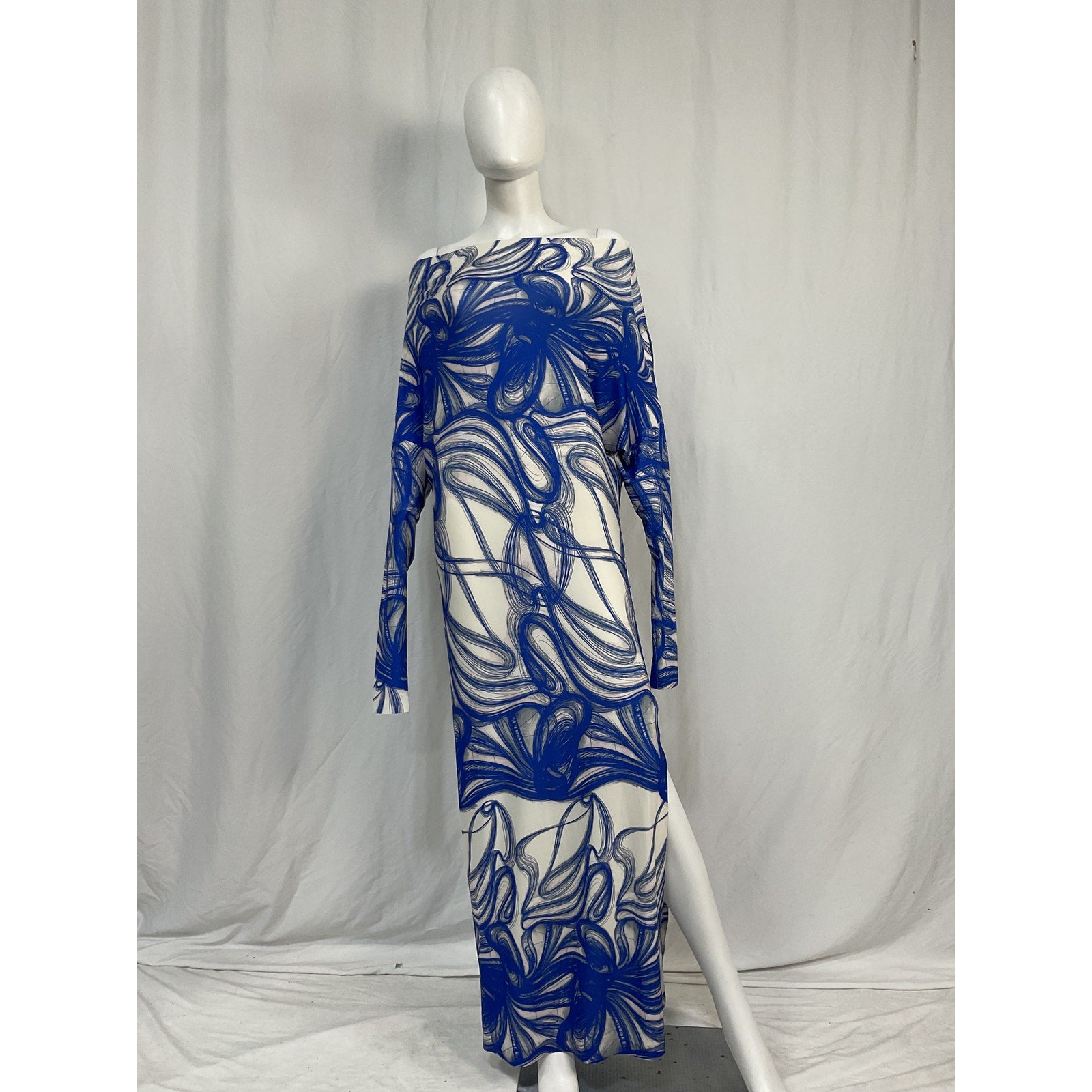 Norma Kamali Off-The-Shoulder Blue Printed Stretch-Jersey Maxi Dress Size XS