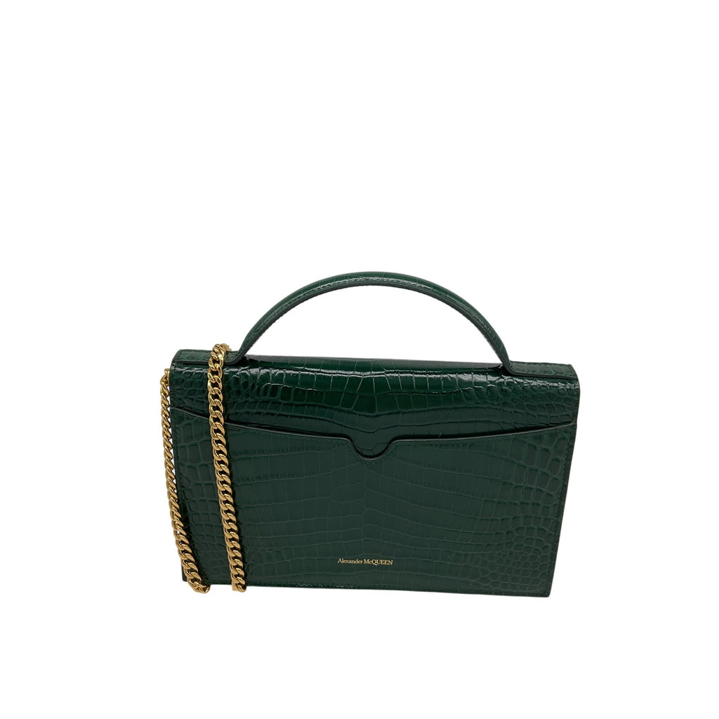 Alexander Mcqueen 'Skull' Green Mini Embellished Croc-Effect Leather Shoulder Bag