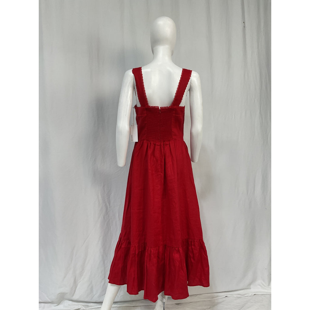 Reformation 'Rowen' Red Linen Tiered Midi-Dress Size 8 - NWT