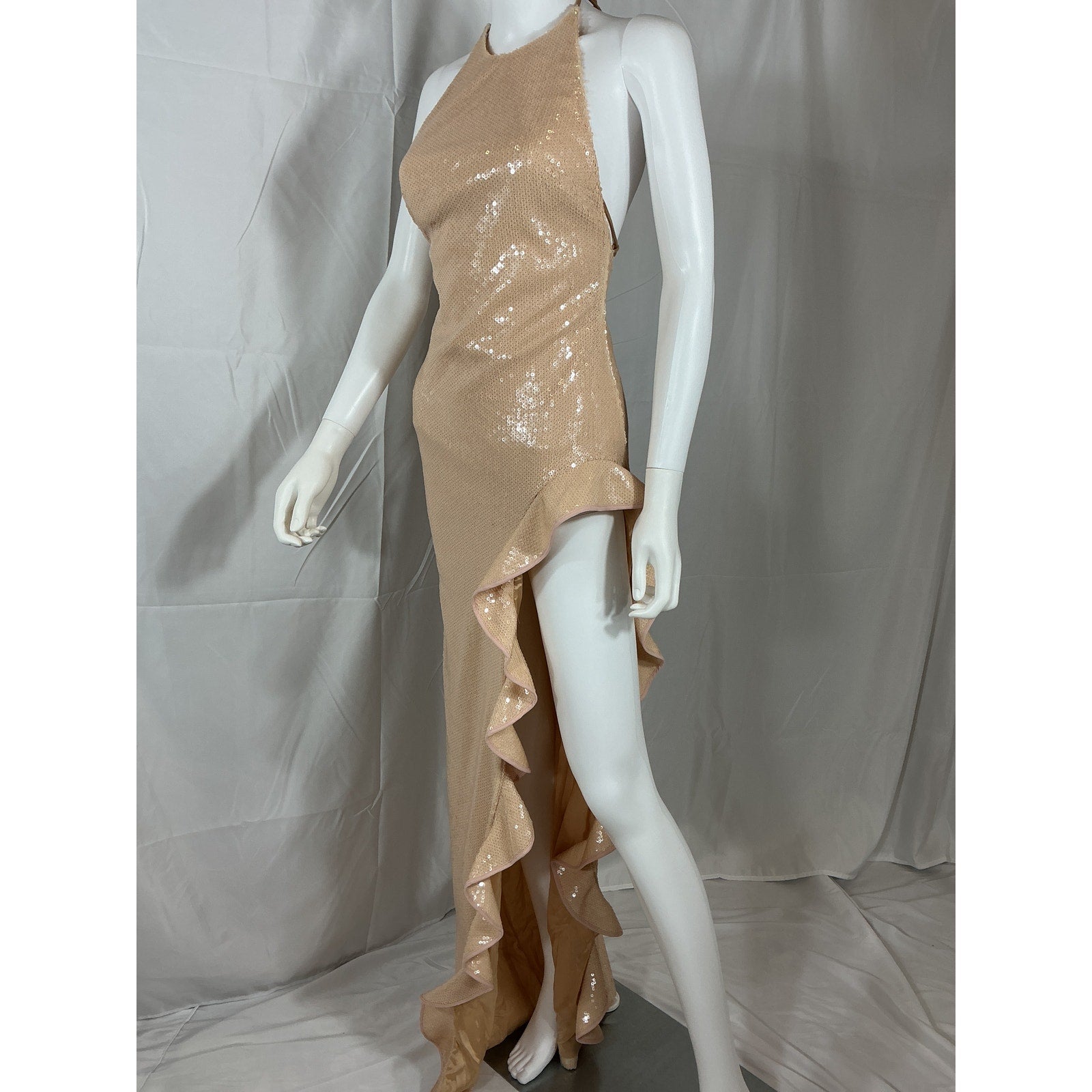 David Koma 'Ruffle' Tan Open Leg Sequin Gown Size 2 - NWT