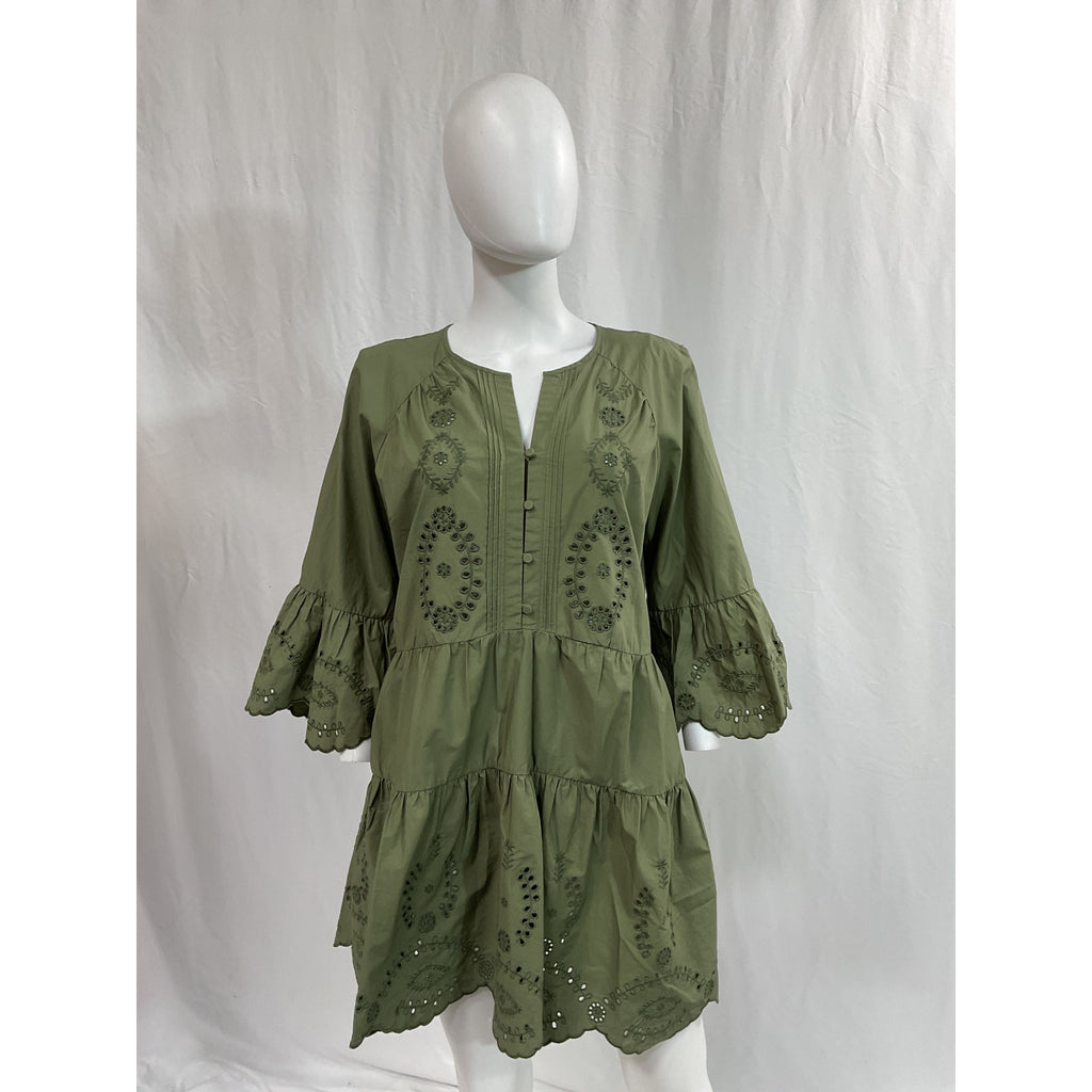 Self-Portrait 'Broderie' Green Organic Cotton Mini Dress Size 4