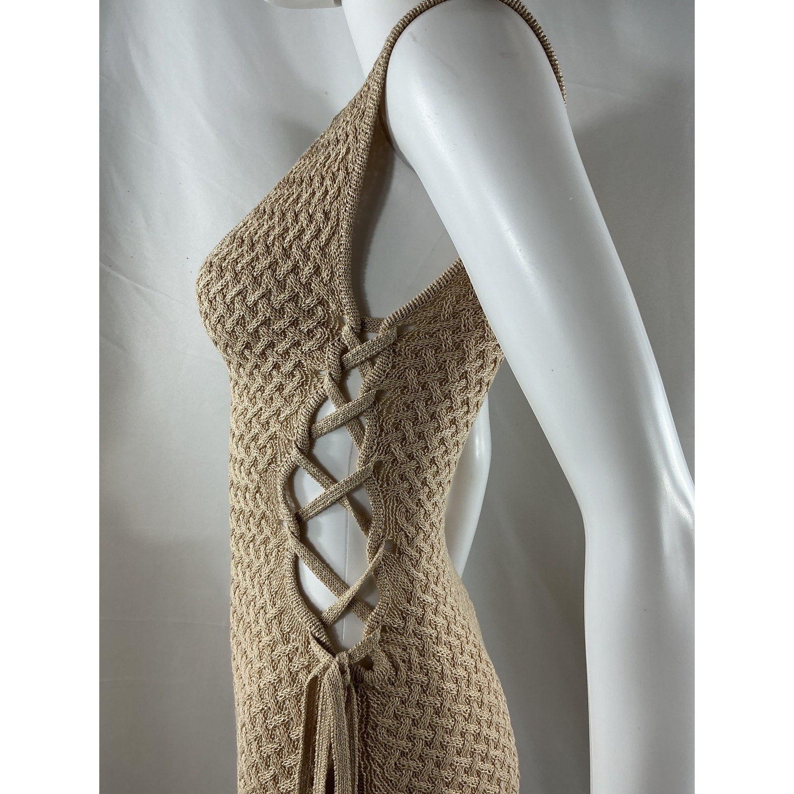 Michael Costello 'Kyle' Tan Acrylic Maxi Dress Size S