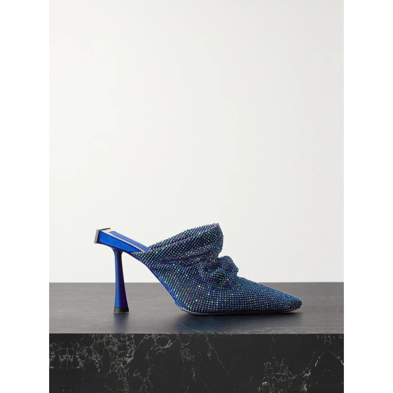 Benedetta Bruzziches 'Goliarda' Blue Satin Crystal-Embellished Chainmail Mules Size 6