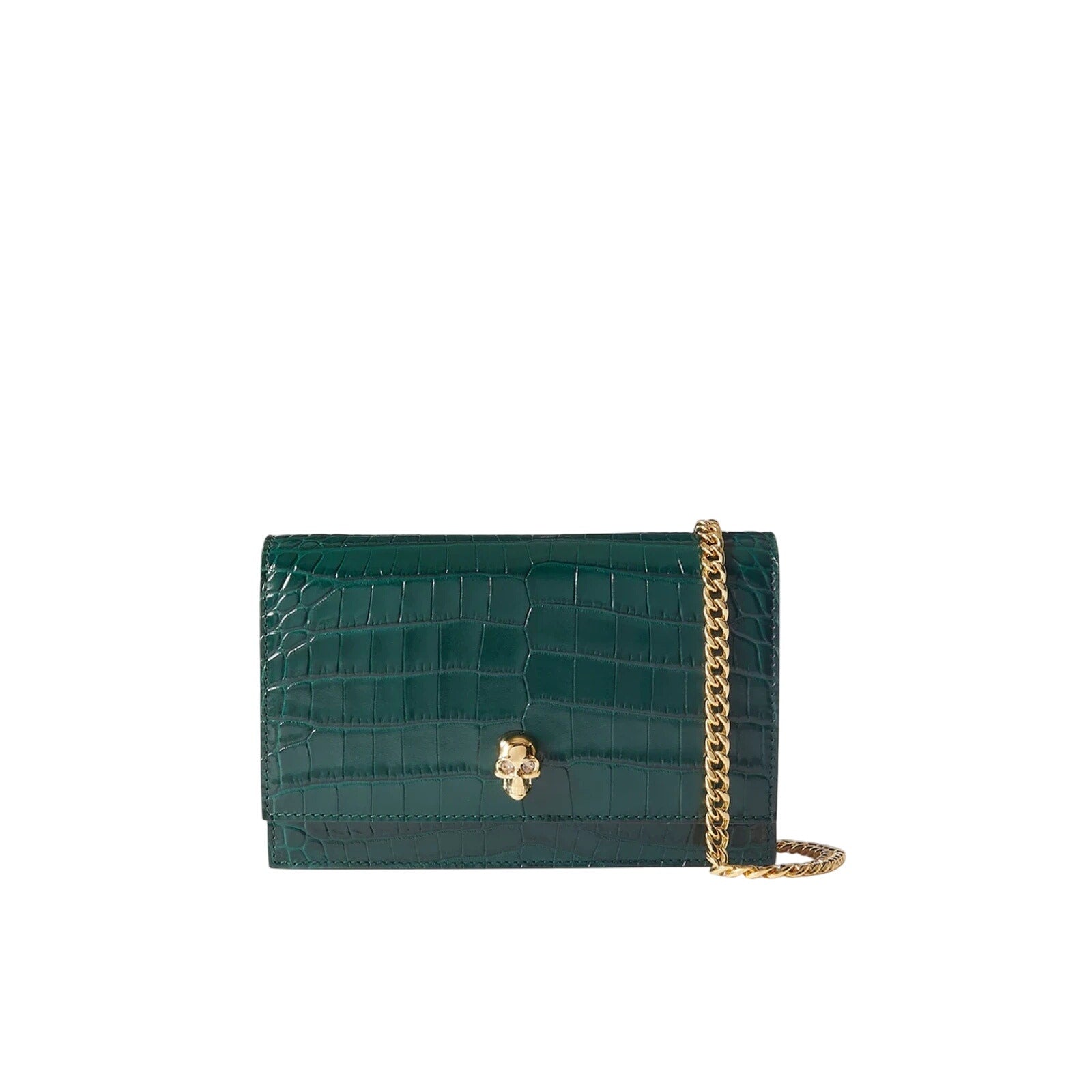 Alexander Mcqueen 'Skull' Green Mini Embellished Croc-Effect Leather Shoulder Bag