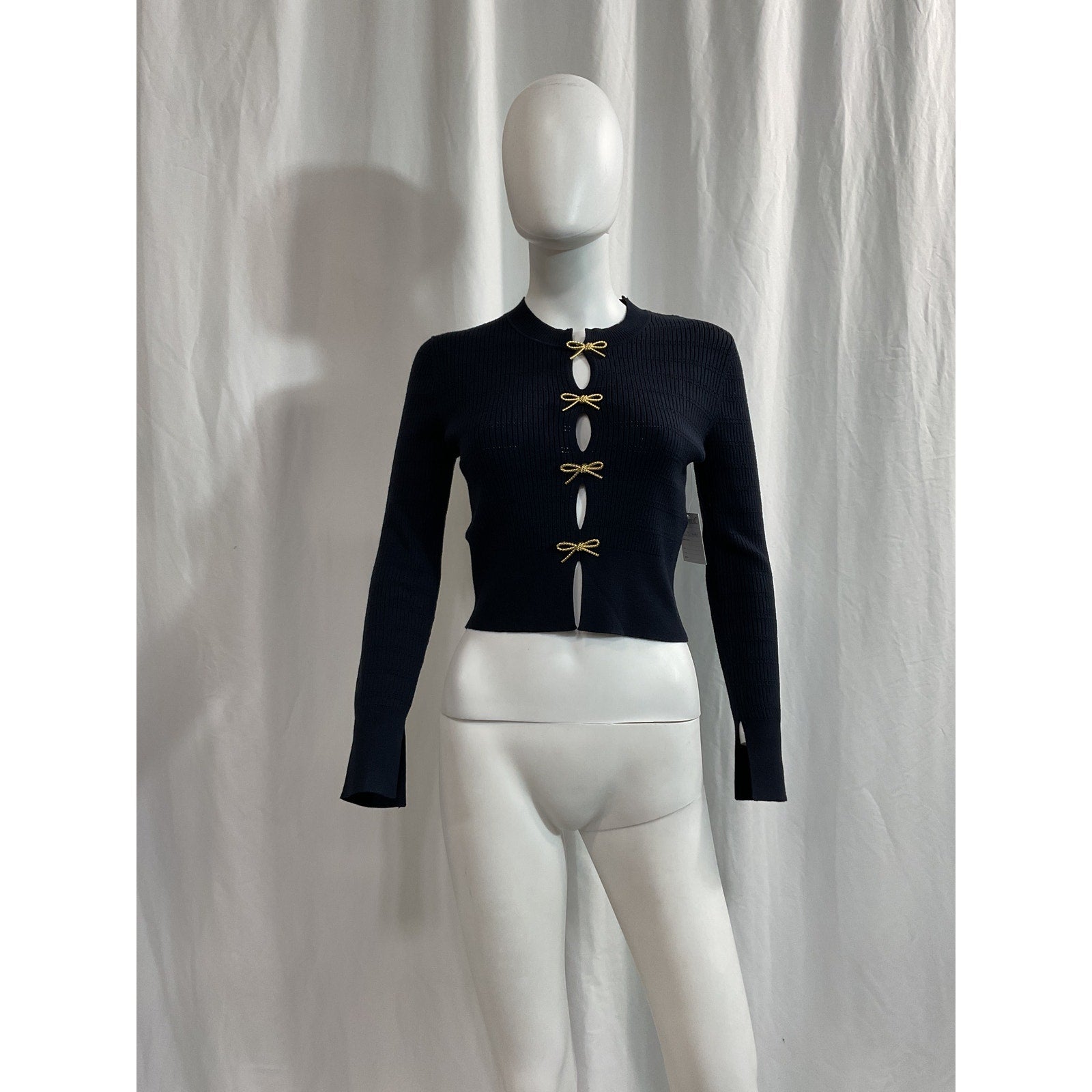Claudie Pierlot Navy Fine-Knit Gold Bow Detail Long Sleeve Sweater Size M
