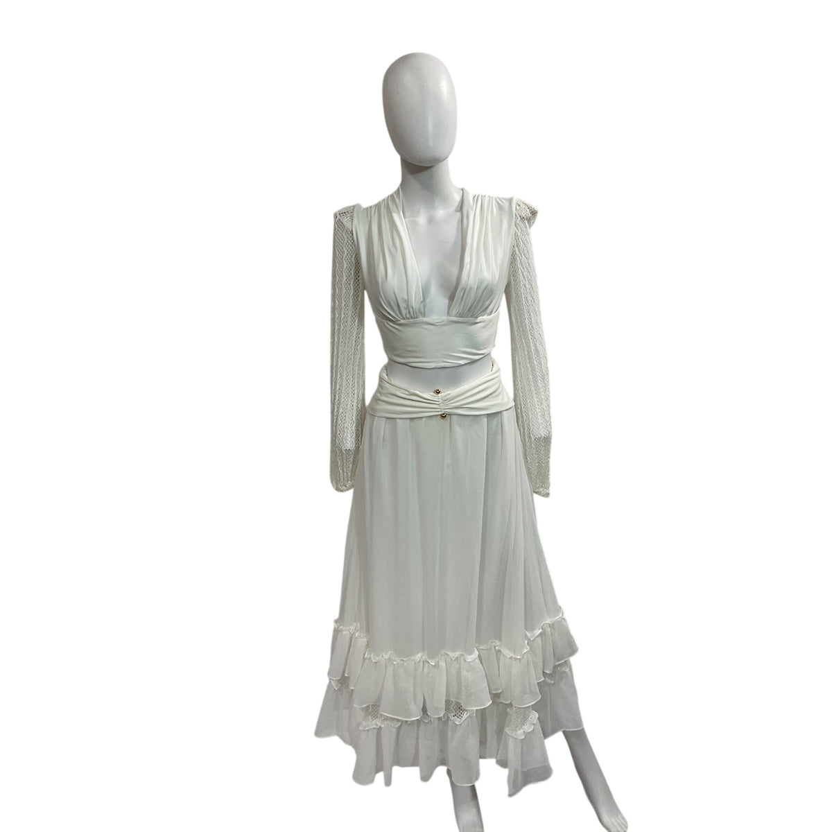 Patbo Elegant White Open Back Lace Sleeve Maxi Dress Size M