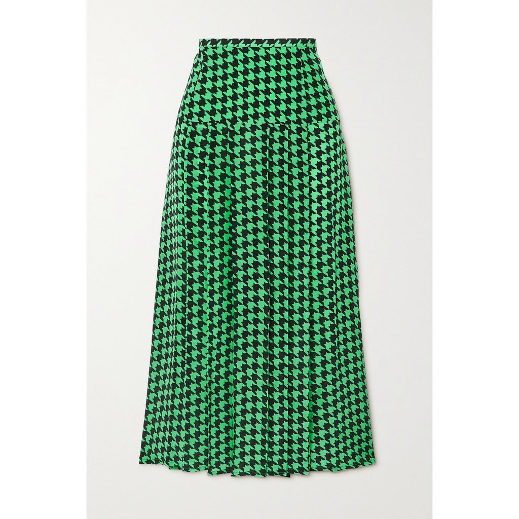 Rixo 'Nancy' Green Pleated Houndstooth Silk-Crepe Midi Skirt Size S