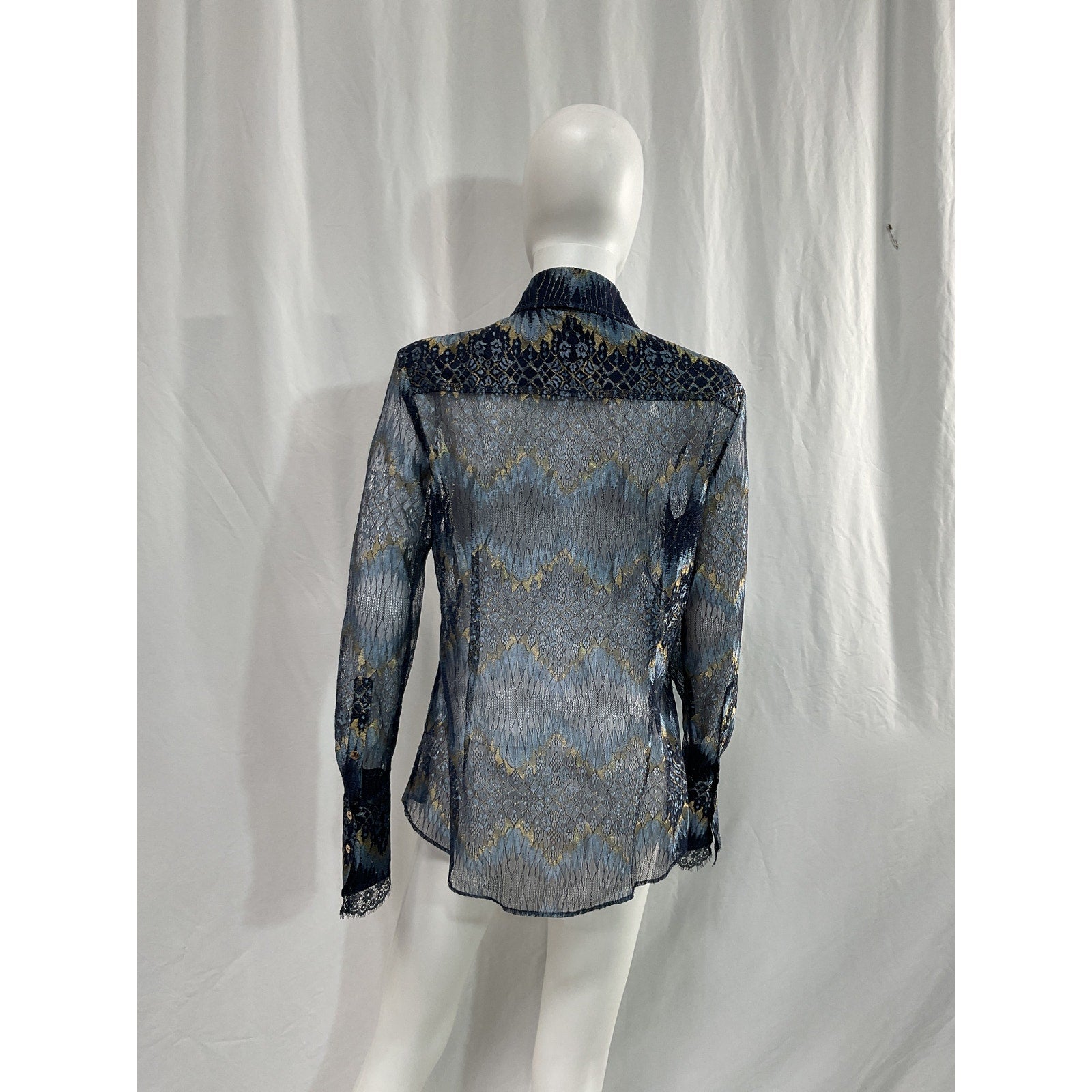 Ramy Brook 'Nora' Navy Lurex Mesh Long Sleeve Blouse Size L