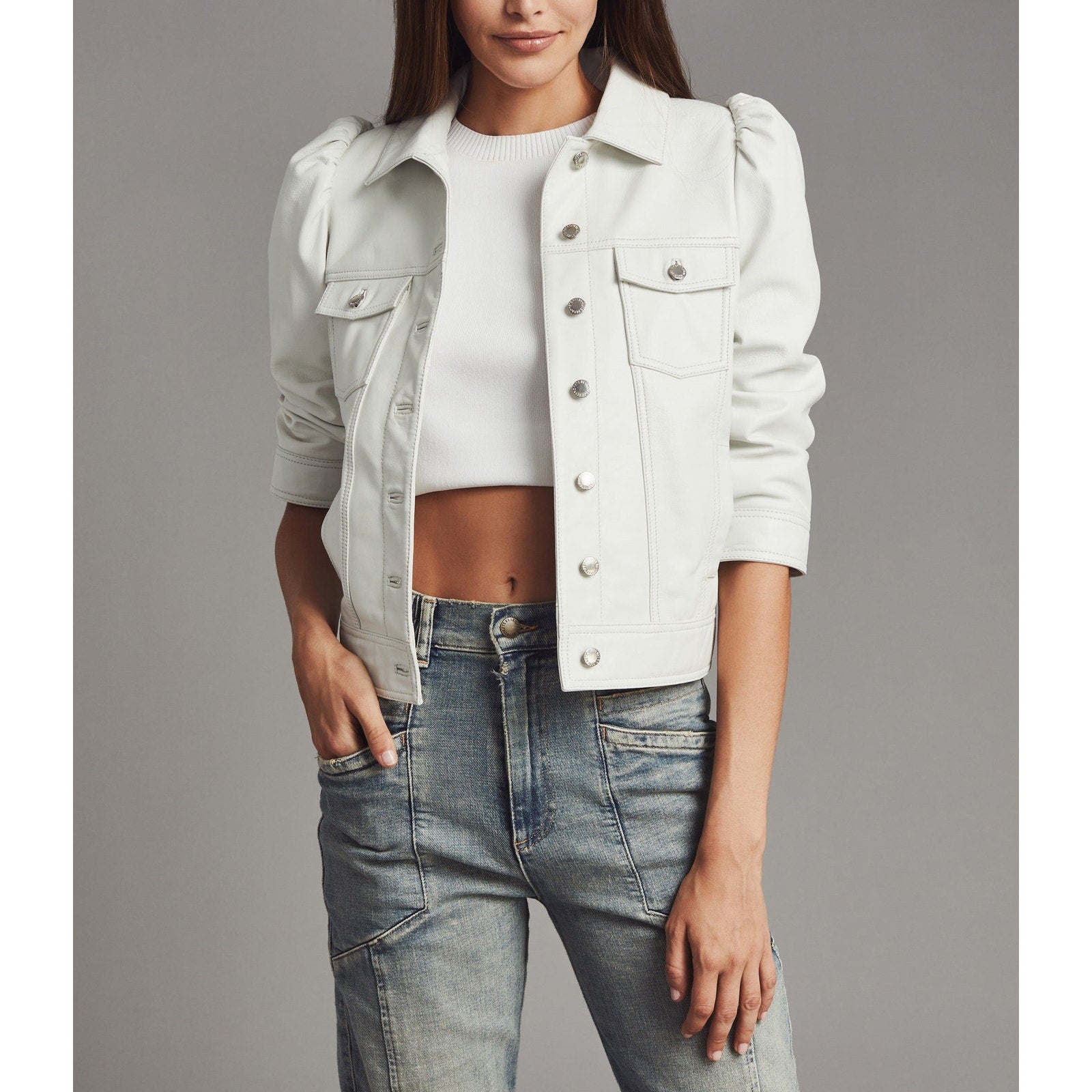Retrofete Leather 'Ada' White Puff Cropped Sleeve Cinched Back Jacket Size M