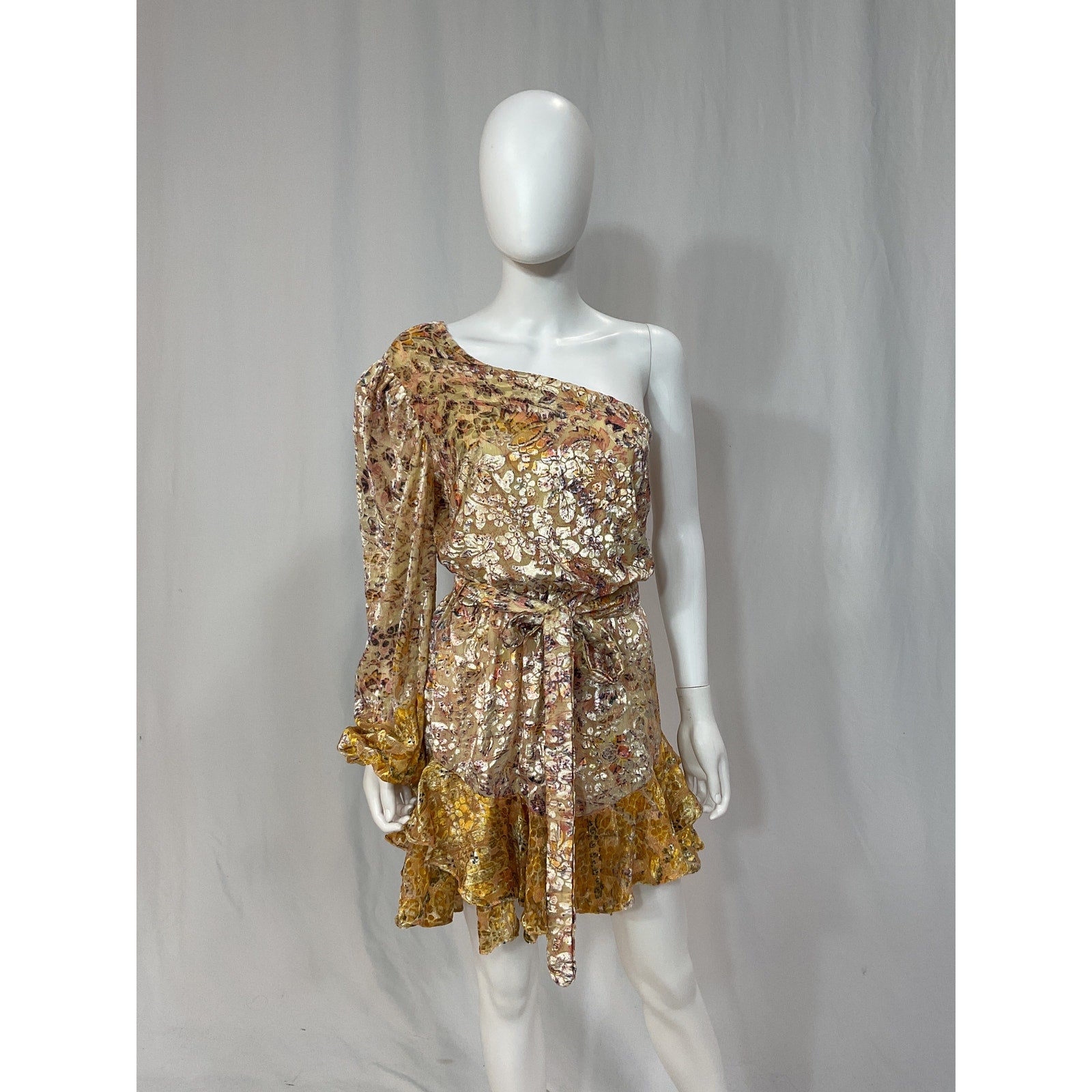 Hemant And Nandita 'Kalon' White One Shoulder Belted Velvet Jacquard Mini Dress Size M
