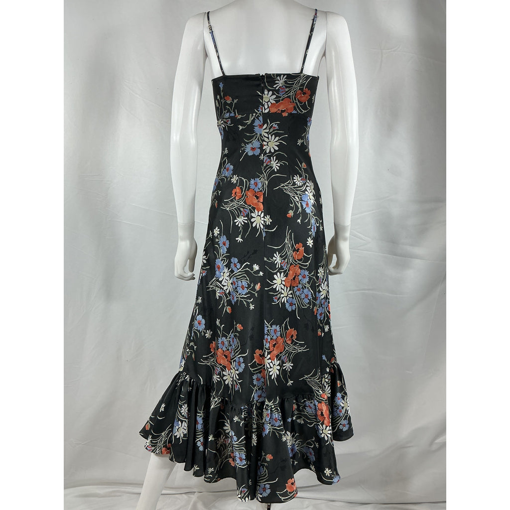 Cinq A Sept 'Penny' Black Polyester Satin Floral Ruffled Maxi Dress Size 0