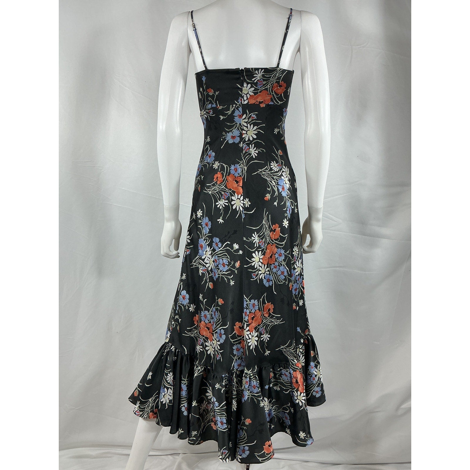 Cinq A Sept 'Penny' Black Polyester Satin Floral Ruffled Maxi Dress Size 0