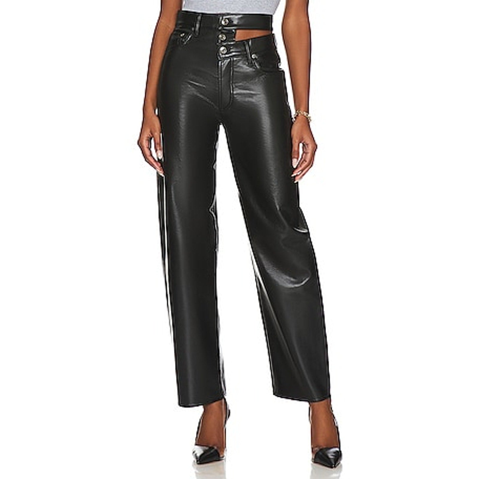 Agolde 'Broken' Black Leather Waistband Pant Size 26