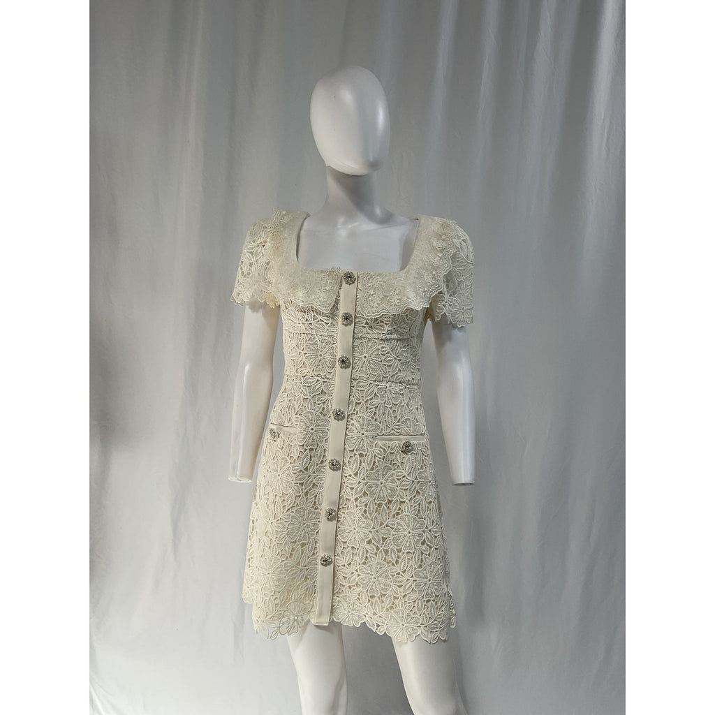 Self-Portrait 'Guipure' White Lace Short Sleeve Belted Minidress Size 6