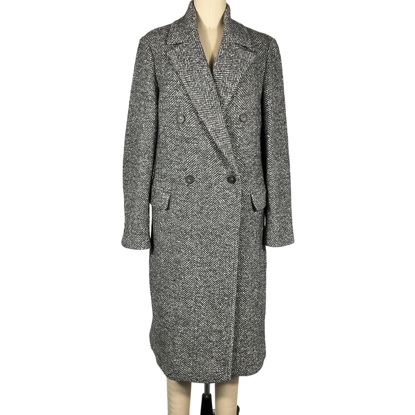 Vince 'Herringbone' Grey Wool Double Breasted Coat Size M