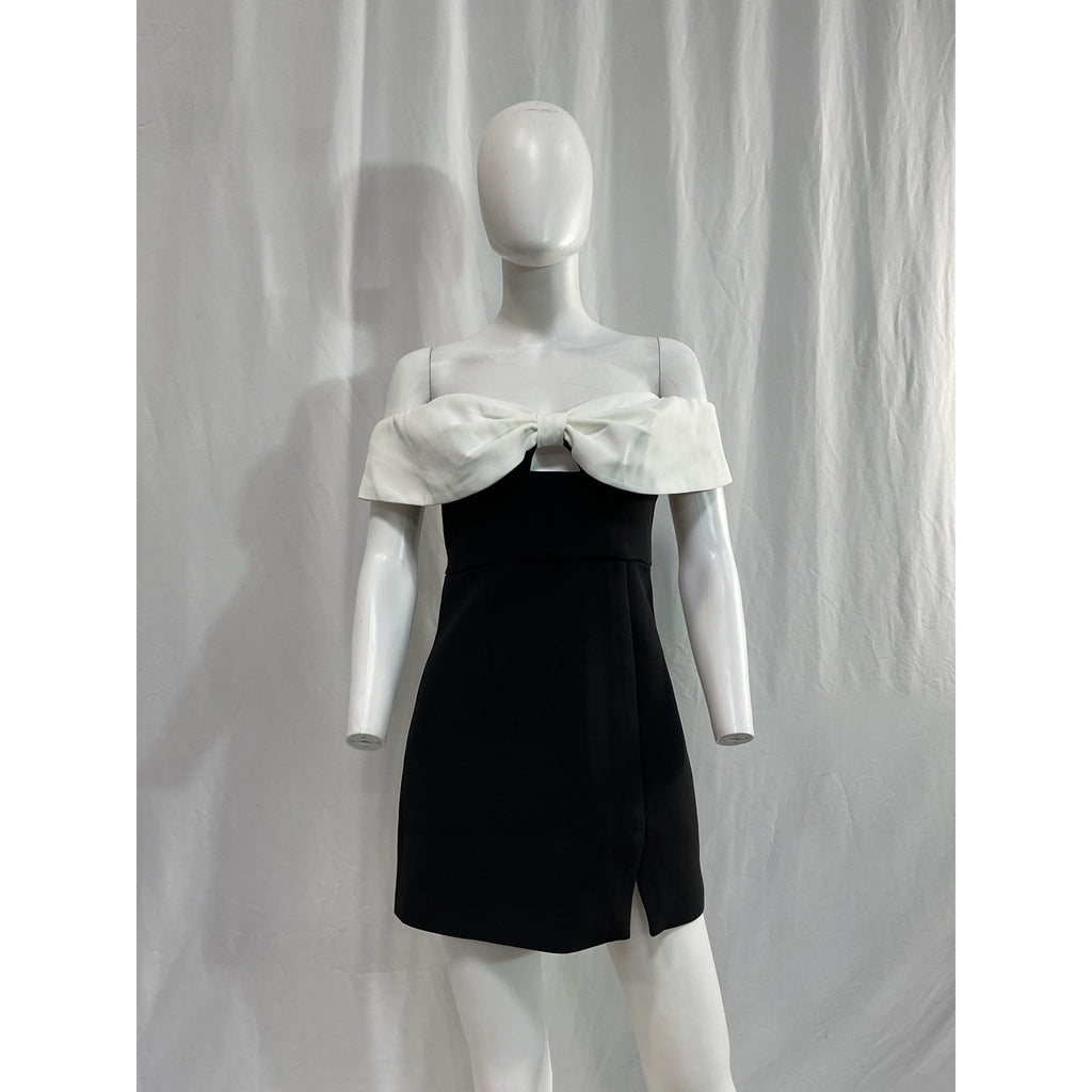 Self-Portrait Black Crepe Bow Off Shoulder Mini Dress Size 2