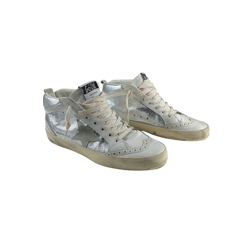 Golden Goose 'Mid Star' Silver Leather Distressed Suede-Trimmed Metallic Snake-Effect Leather Sneakers Size 8