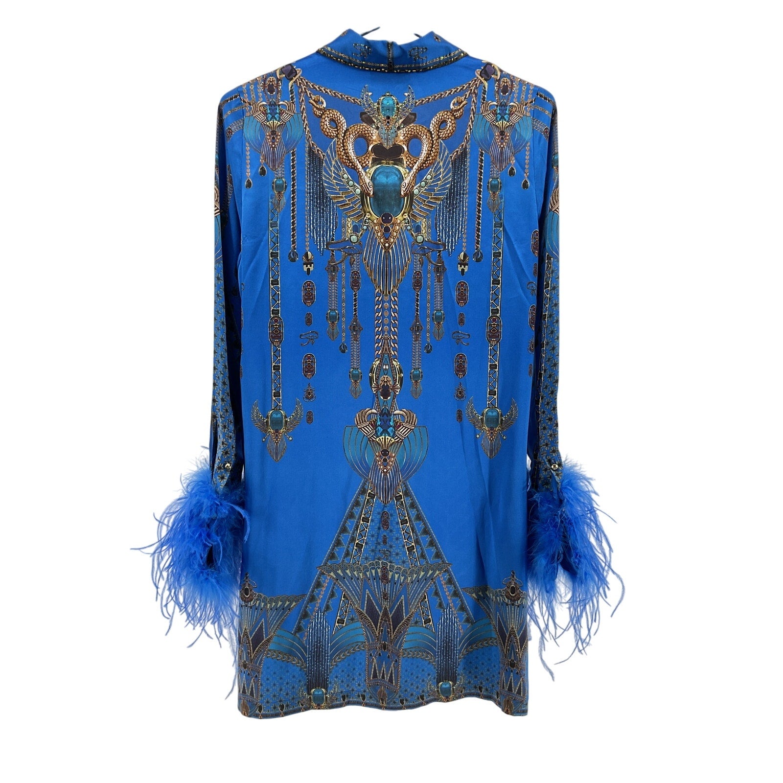 Camilla Mini Blue Silk Shirt Dress With Feather Cuffs Size S - NWT
