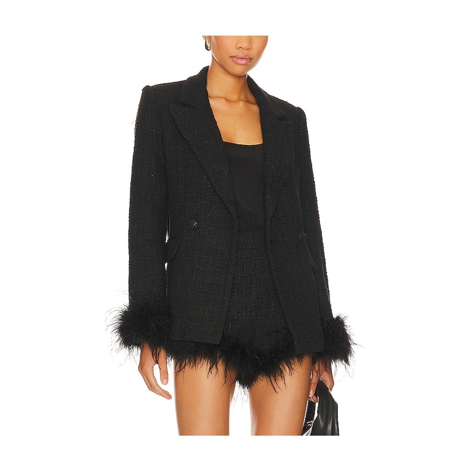 Line & Dot 'Marci' Black Tweed Feather Embellished Cuffs Blazer Size S