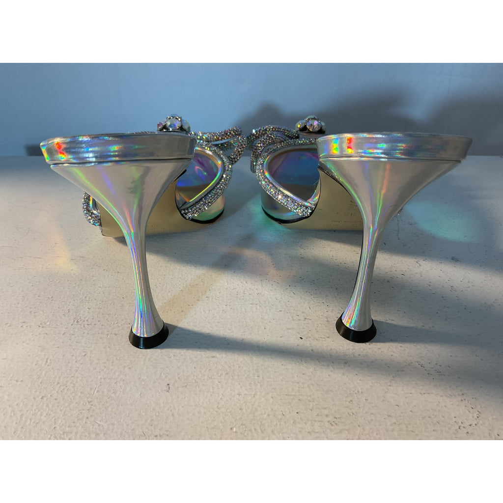 Mach & Mach 'Double-Bow' Silver Crystal-Embellished Leather Size 8